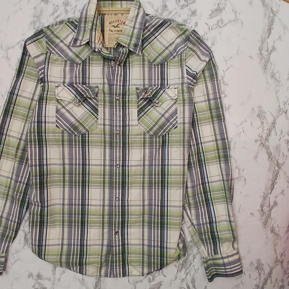 Hollister Shirt Mens M Green Plaid Snap Button-Up Long Sleeve Lightweight